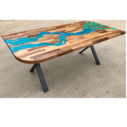 Walnut & Blue/Green Resin River Dining Table