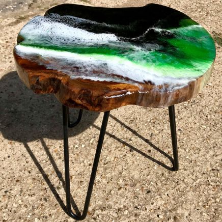 Teak & Resin Ocean Art Side Table Green 2