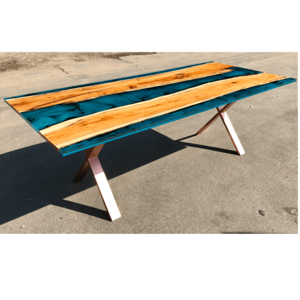 Double Yew Slab & Reef Blue Resin River Dining Table  (SOLD)