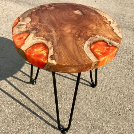 Teak Circular Resin River Side Table Orange