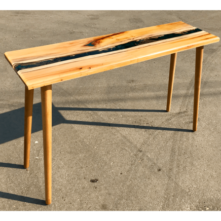 Yew Wood & Blue/Gold Resin River Console Table