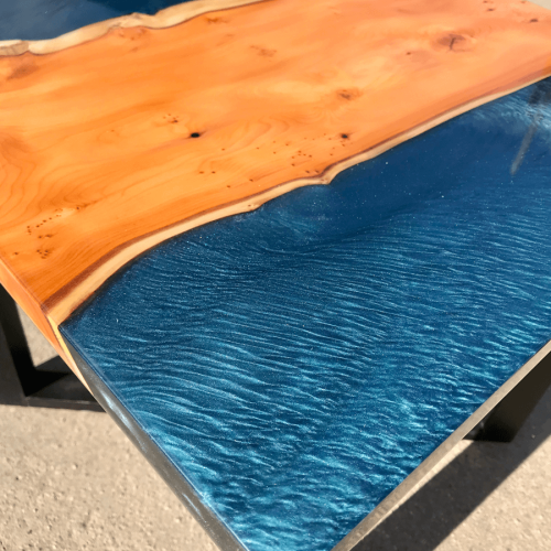 Yew Wood & Dark Blue Resin River Side Table