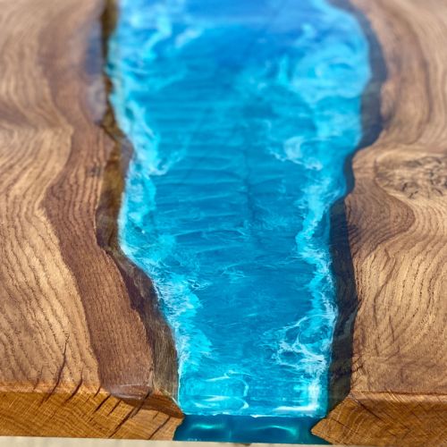 Stained Oak & Ocean Art River Dining Table