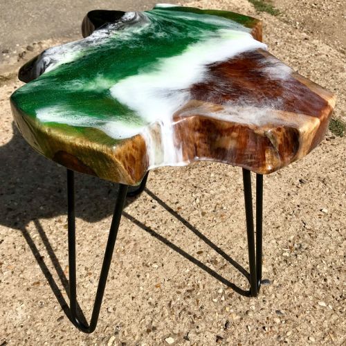 Teak & Resin Ocean Art Side Table Green 1