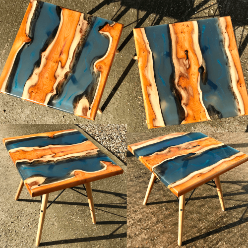 Yew Wood & Blue Resin River Side Tables (Pair)