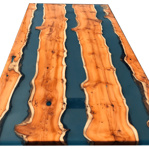 Yew Wood & Clear Blue Resin River Dining Table (SOLD)