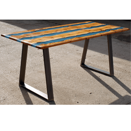 Yew Wood & Clear Blue Resin River Dining Table (SOLD)