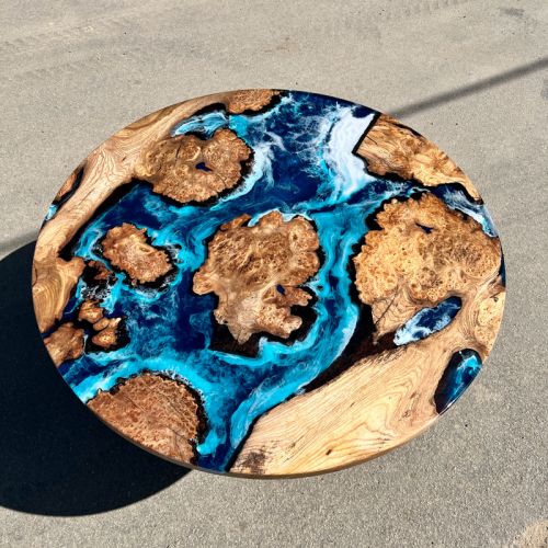Burr Elm Islands Circular Resin Dining Table