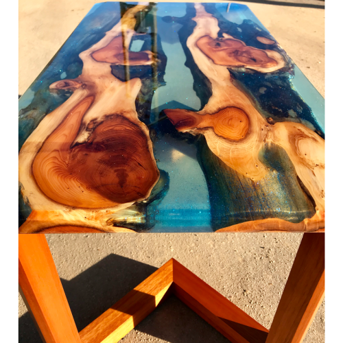 Yew & Clear Blue Resin River Coffee Table