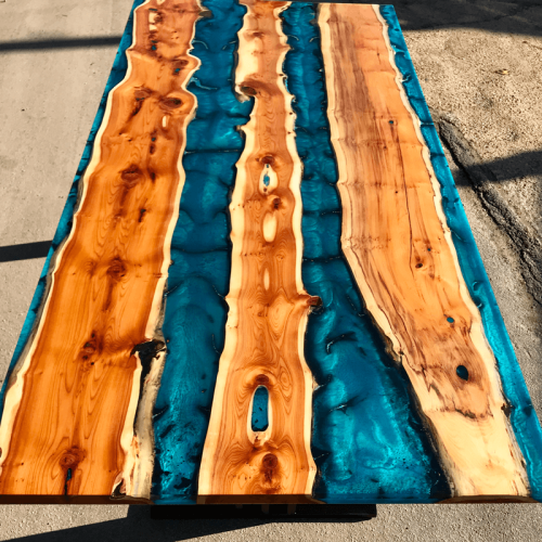 Yew Wood & Reef Blue Resin River Dining Table (SOLD)
