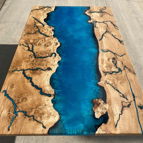 Burred Oak Lightning & Reef Blue Dining Table