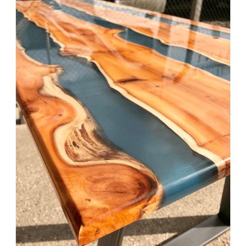 Yew Wood & Clear Blue Resin River Dining Table (SOLD)