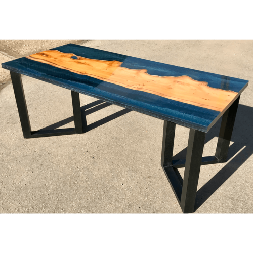 Yew Wood & Dark Blue Resin River Coffee Table SOLD