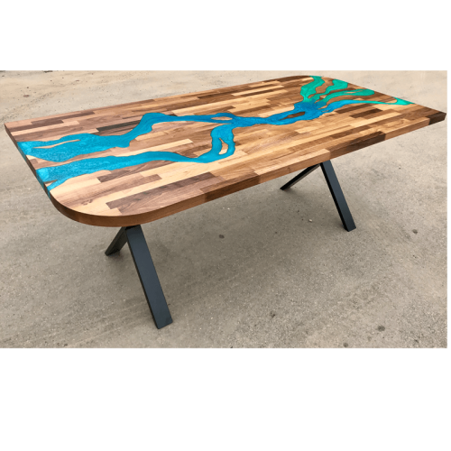 Walnut & Blue/Green Resin River Dining Table