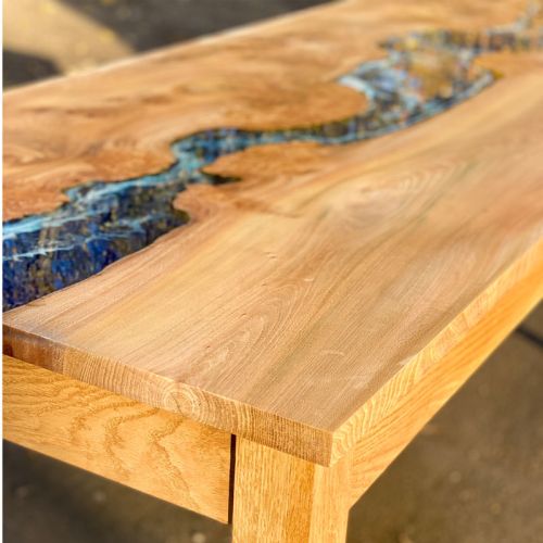 Burr Elm & Deep Sea River Dining Table with Wooden Legs