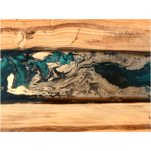 Yew Wood & Blue/Gold Resin River Console Table