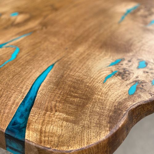 Oak Single Slab Dining Table With Resin Details