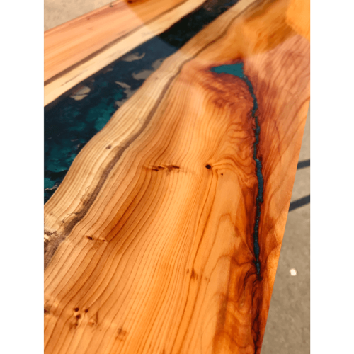 Yew Wood & Blue/Gold Resin River Console Table
