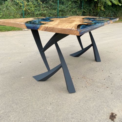 Burr Oak Islands Dining Table Deep Sea Resin