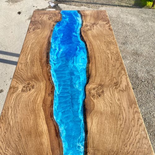 Stained Oak & Ocean Art River Dining Table