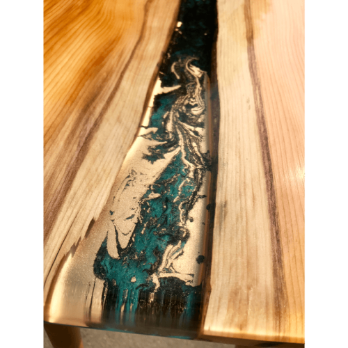 Yew Wood & Blue/Gold Resin River Console Table