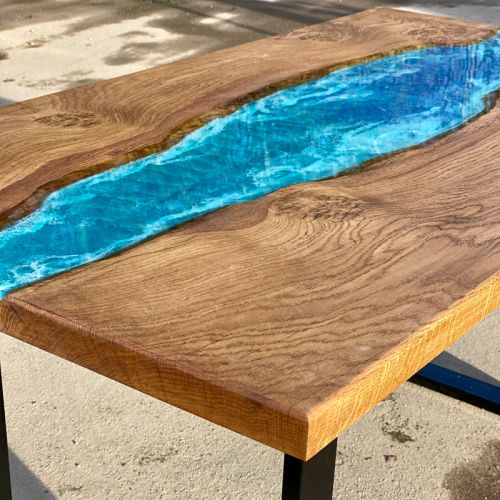 Stained Oak & Ocean Art River Dining Table