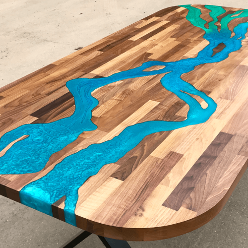 Walnut & Blue/Green Resin River Dining Table