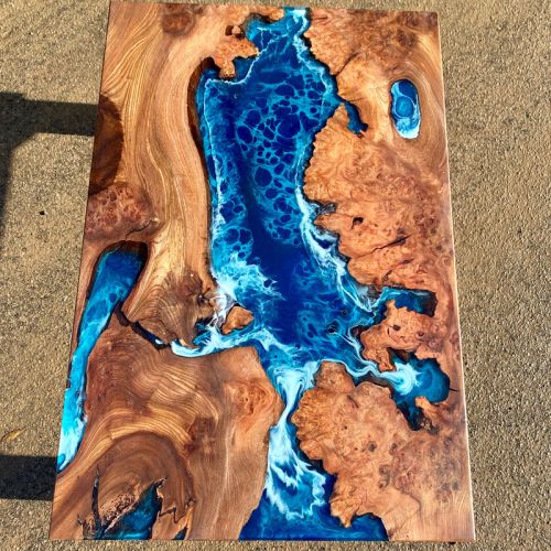 River Coffee Table in Elm Deep Sea Art Chevron Legs