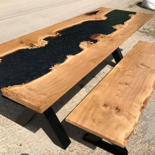 Burred Oak Epoxy River Table & Bench Set