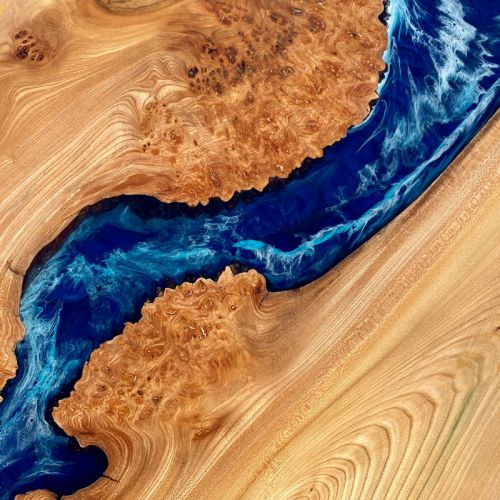 Burr Elm & Deep Sea River Dining Table with Wooden Legs