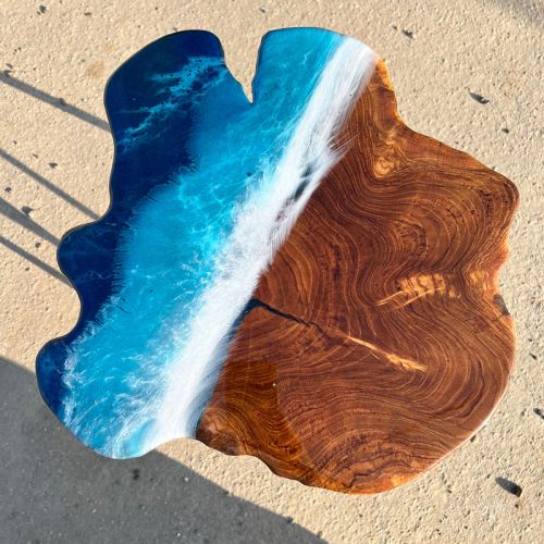 Teak & Resin Ocean Art Side Table 36