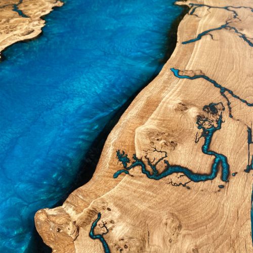 Burred Oak Lightning & Reef Blue Dining Table