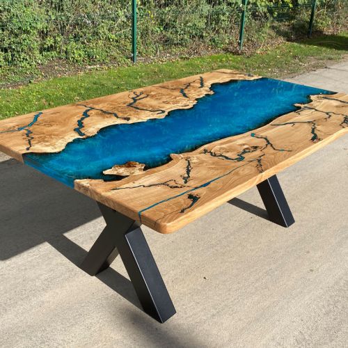 Burred Oak Lightning & Reef Blue Dining Table