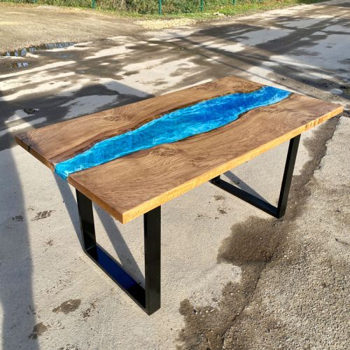 Stained Oak & Ocean Art River Dining Table