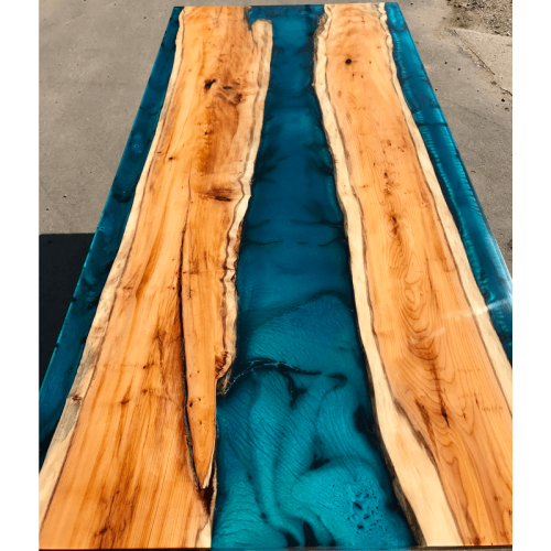 Double Yew Slab & Reef Blue Resin River Dining Table  (SOLD)
