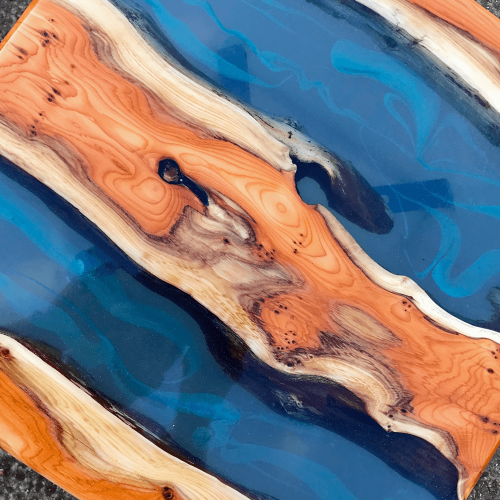 Yew Wood & Blue Resin River Side Tables (Pair)