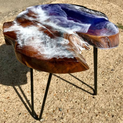 Teak & Resin Ocean Art Side Table Purple 1