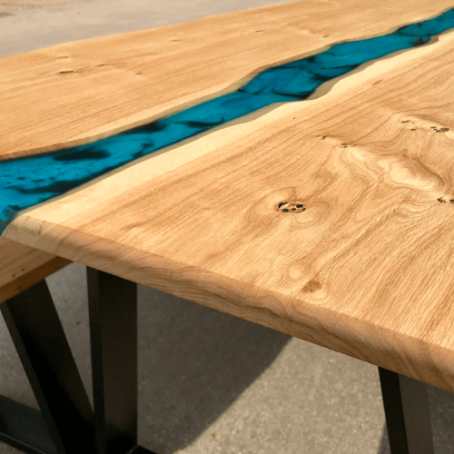 Oak & Blue Resin River Dining Table & Bench Set