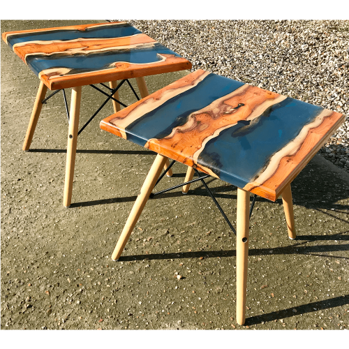 Yew Wood & Blue Resin River Side Tables (Pair)