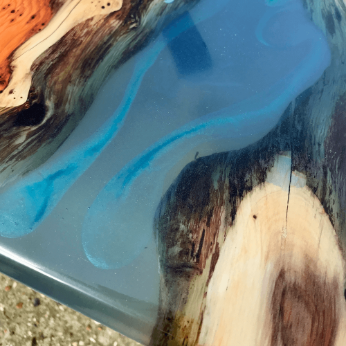 Yew Wood & Blue Resin River Side Tables (Pair)