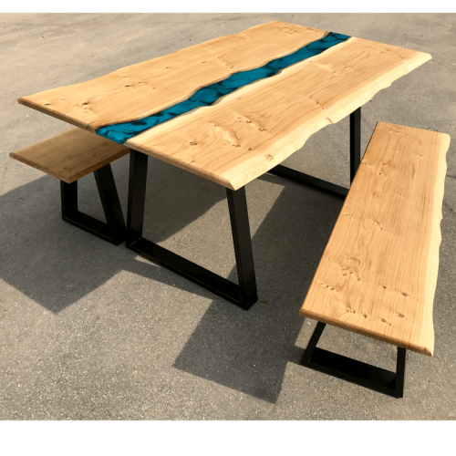 Oak & Blue Resin River Dining Table & Bench Set