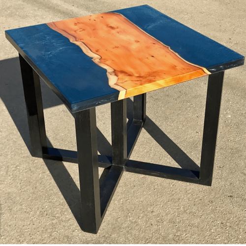 Yew Wood & Dark Blue Resin River Side Table