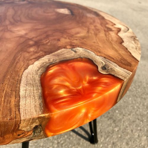 Teak Circular Resin River Side Table Orange