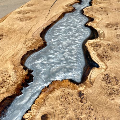 Burred Oak & Silver Pearl Resin River Dining Table