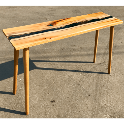 Yew Wood & Blue/Gold Resin River Console Table
