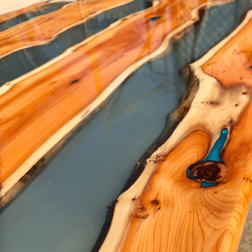 Yew Wood & Clear Blue Resin River Dining Table (SOLD)