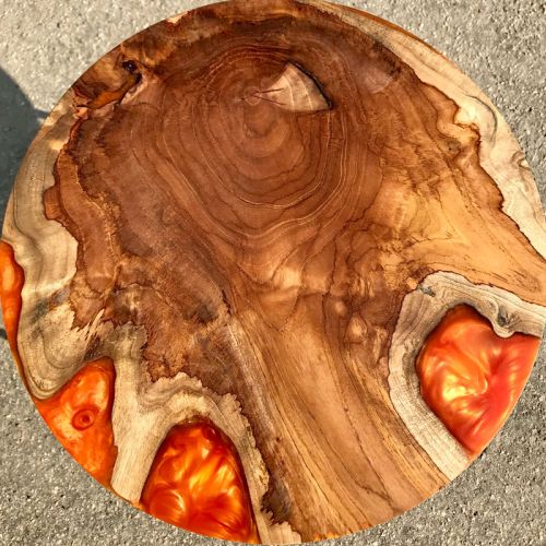 Teak Circular Resin River Side Table Orange