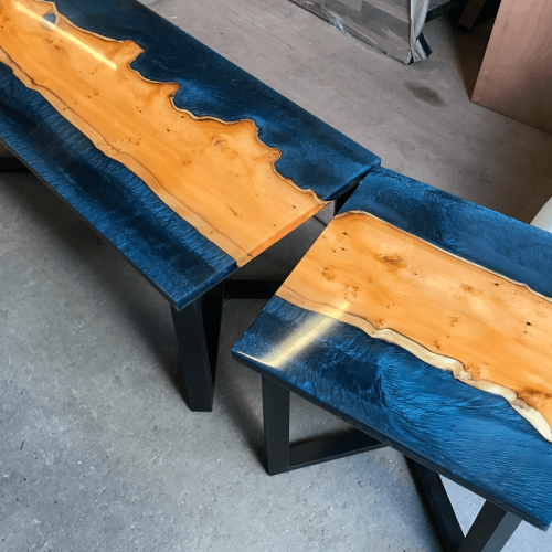 Yew Wood & Dark Blue Resin River Side Table
