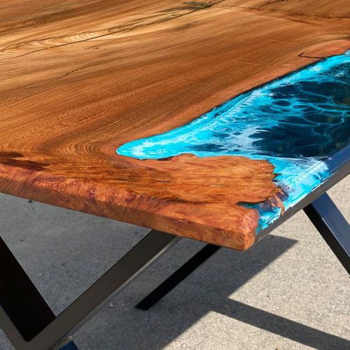 Burr Elm River Dining Table Deep Sea
