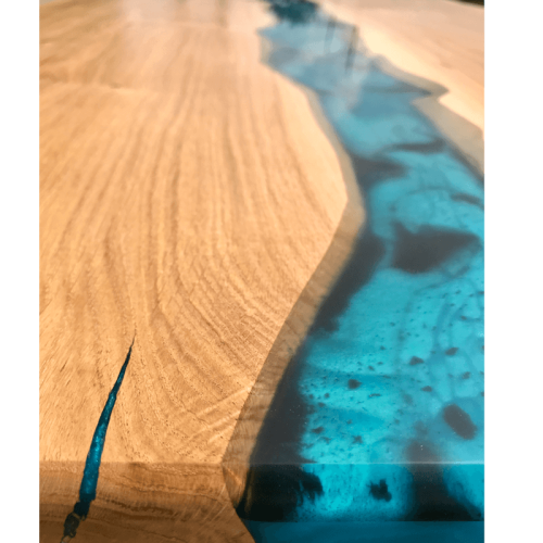 Oak & Blue Resin River Dining Table & Bench Set